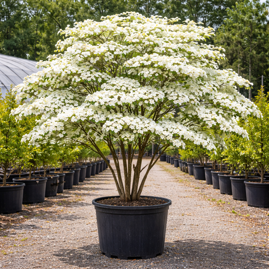 Potted tree with white flowers in a nursery setting