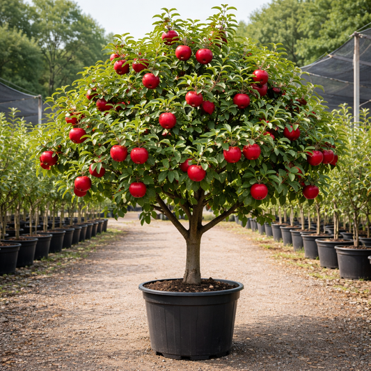 Potted tree with red fruits in a garden setting