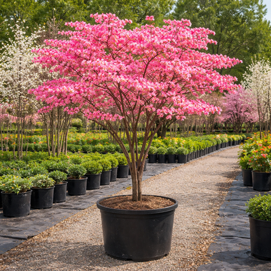 Potted pink flowering tree in a garden setting with other plants and trees.
