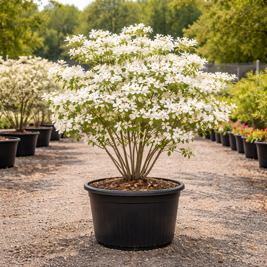 Potted white flowering tree in a nursery setting with other plants and trees in the background.