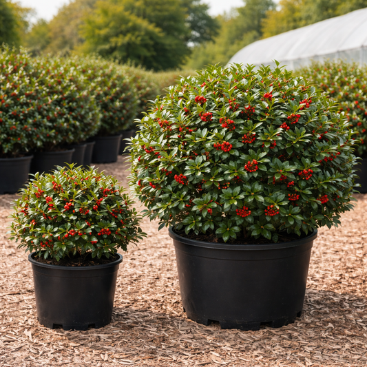 Potted plants with red berries in a garden setting
