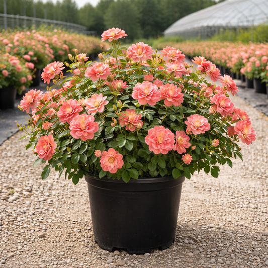 Potted plant with pink flowers in a greenhouse setting