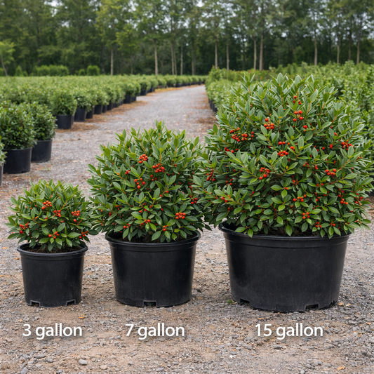 Three potted plants of different sizes labeled 3 gallon, 7 gallon, and 15 gallon in a nursery setting.
