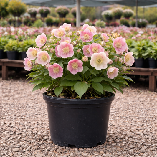 Potted plant with pink flowers in a garden setting