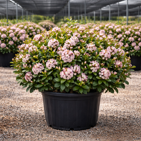 Green plant with pink blooms in black pot at nursery