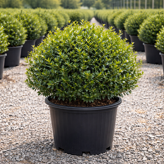 Potted shrub in a nursery setting with other plants in the background