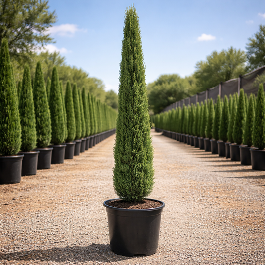 Row of potted conifer trees in a nursery setting
