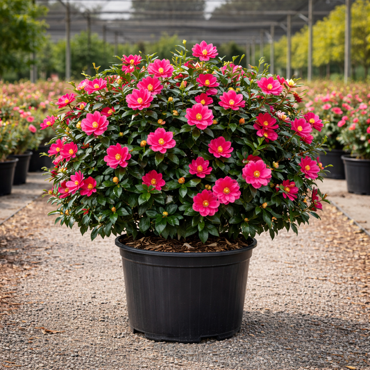Potted plant with pink flowers in a greenhouse setting