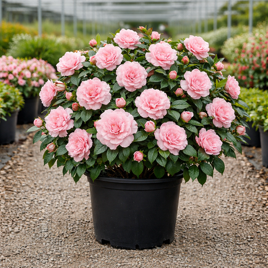 Potted plant with pink flowers in a garden setting
