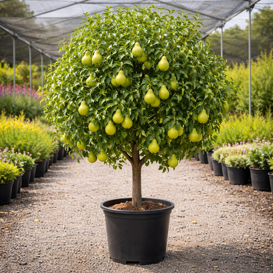 Potted pear tree with green pears in a garden setting