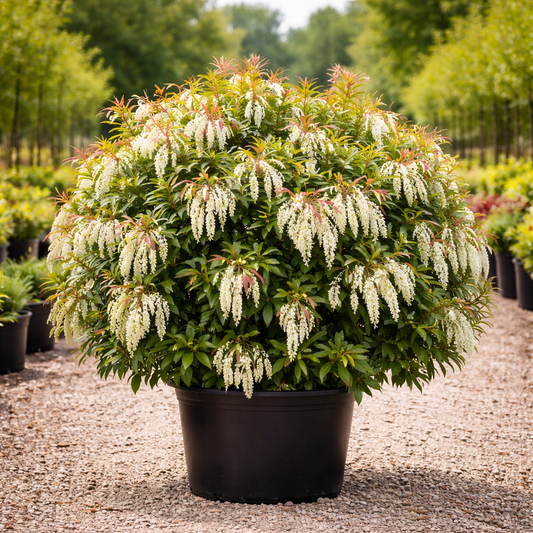 Potted plant with white flowers in a garden setting
