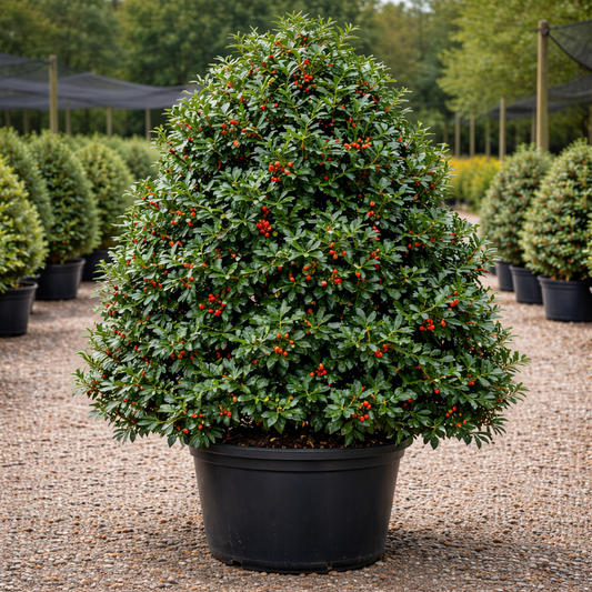 Potted plant with green leaves and red berries in a garden setting