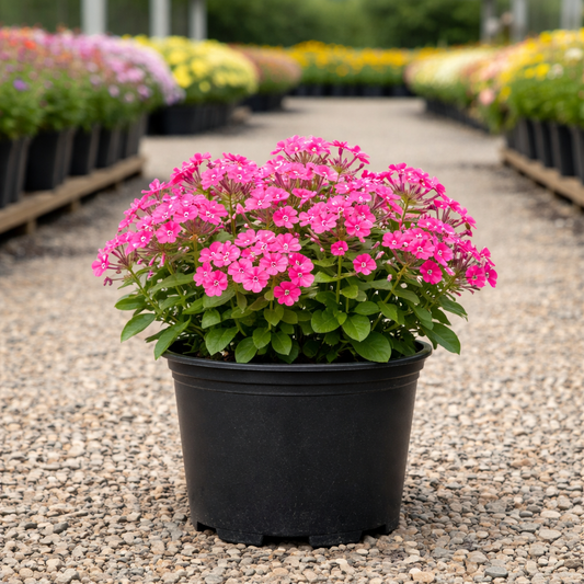 Potted plant with pink flowers on a gravel surface with more plants in the background