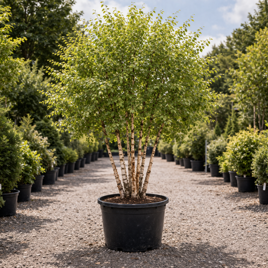 Potted tree in a nursery setting with other trees in the background