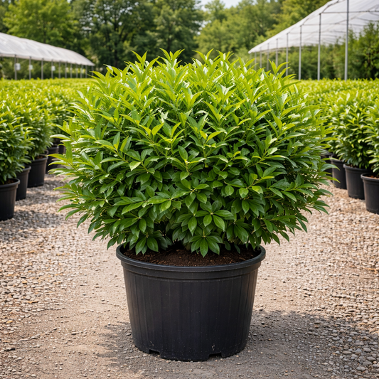 Potted plant in a nursery setting with other plants and greenery in the background