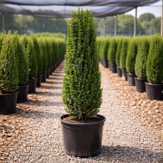 Row of potted conifer trees in a nursery setting