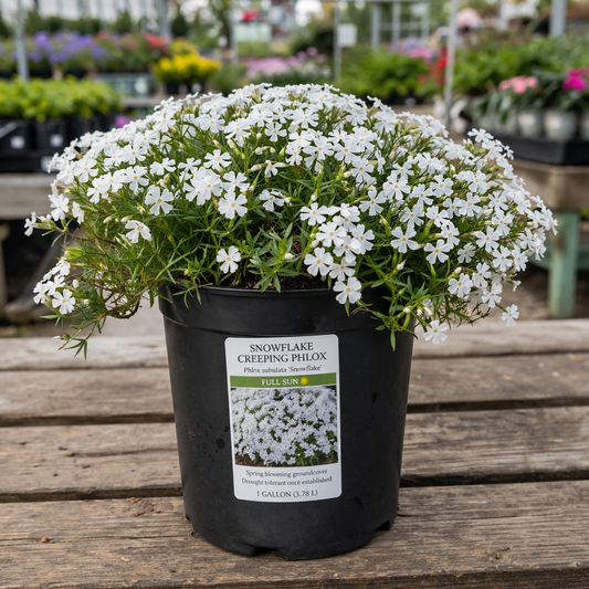 Potted plant with white flowers on a wooden surface, labeled 'Snowflake Creeping Phlox'.