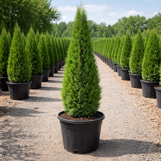 Row of potted conifer trees in a nursery setting