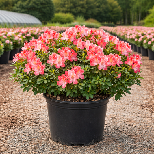 Potted azalea plant with pink flowers in a greenhouse setting