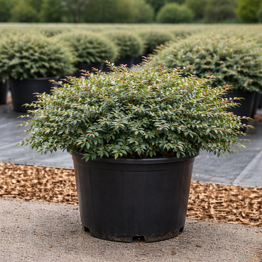Potted shrub in a nursery setting with other plants in the background