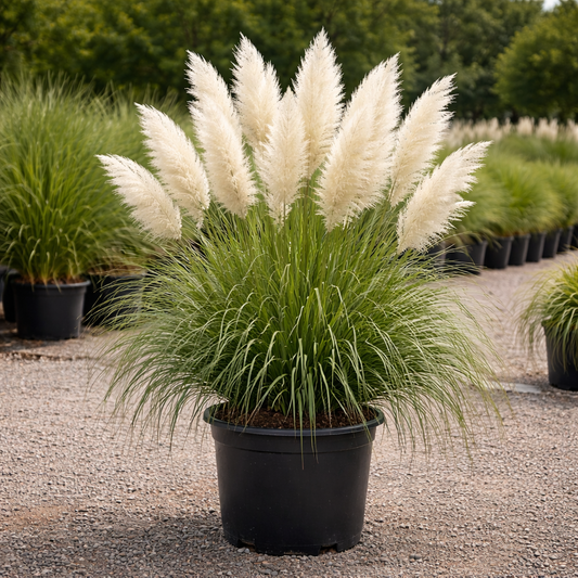 Potted ornamental grass with white plumes in a garden setting