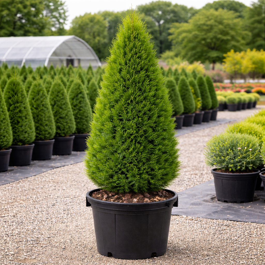 Potted conifer tree in a nursery setting with other trees in the background
