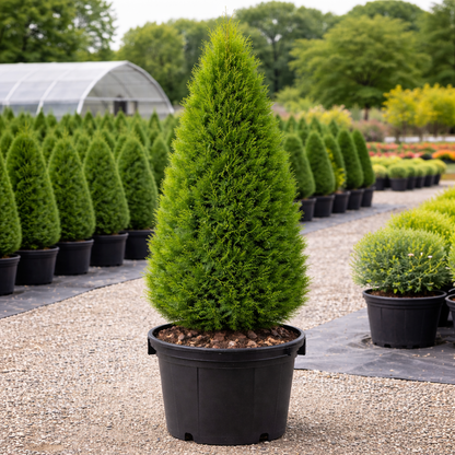 Potted conifer tree in a nursery setting with other trees in the background
