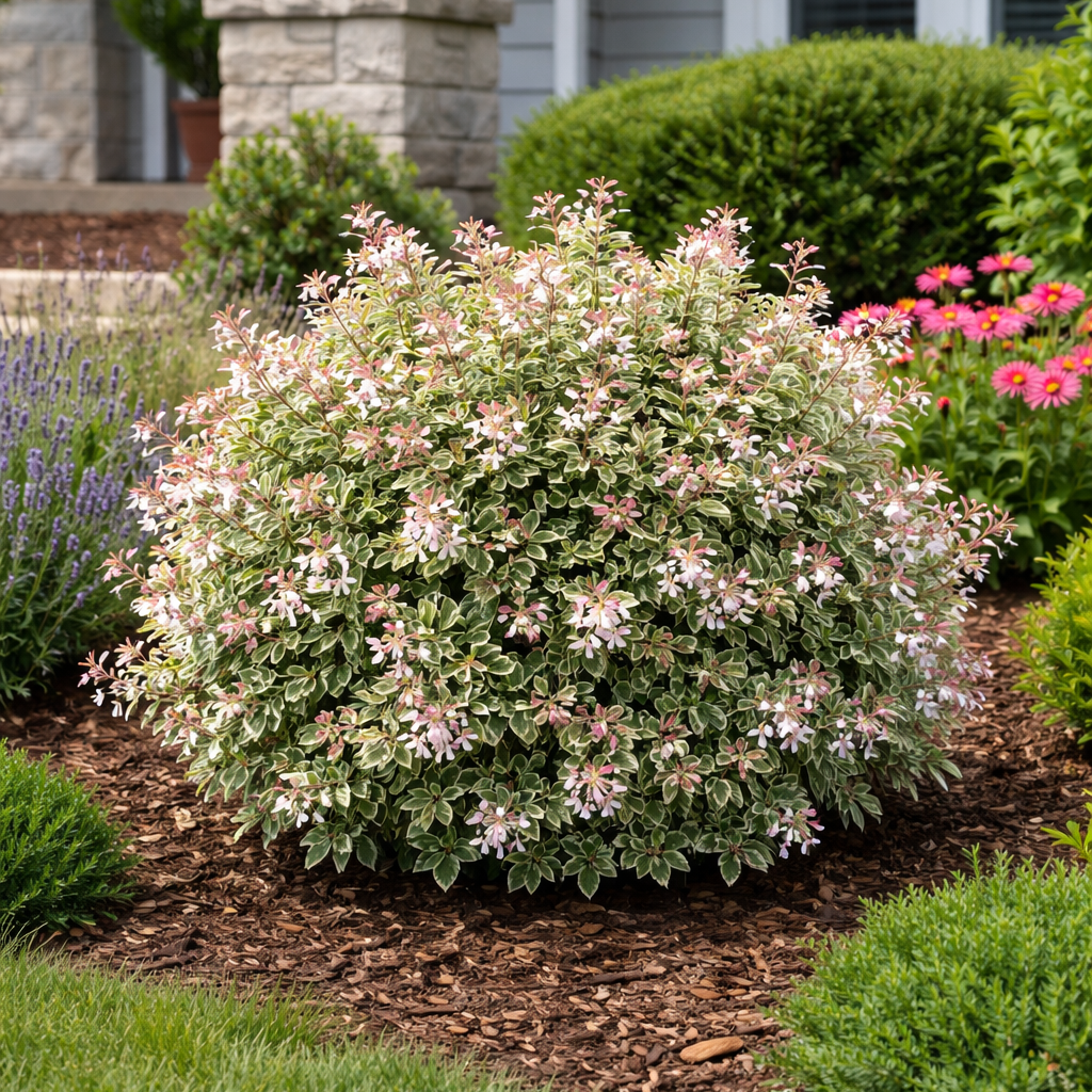 Flowering bush in a garden with a house in the background