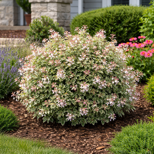 Flowering bush in a garden with a house in the background