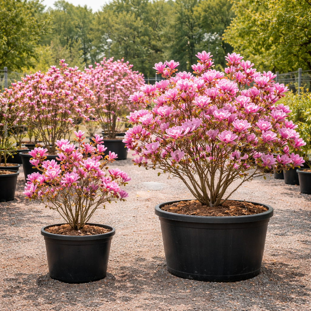Potted pink flowering plants on a gravel surface with trees in the background
