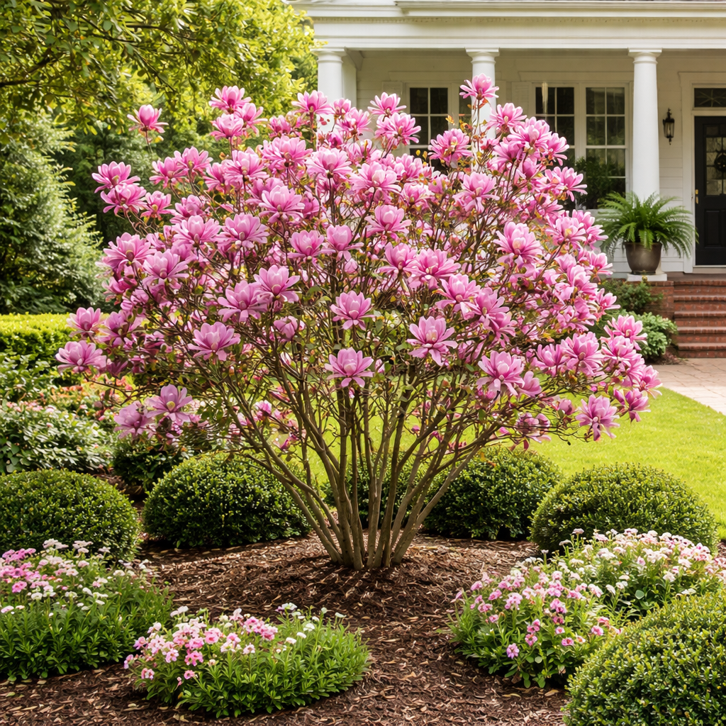 Pink flowering bush in a well-maintained garden with a house in the background