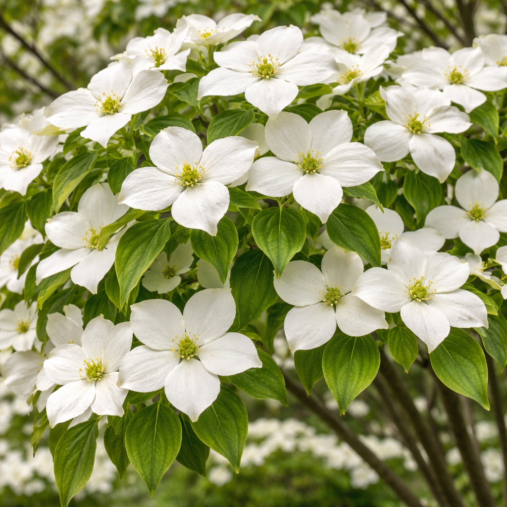 White flowers with green leaves on a tree