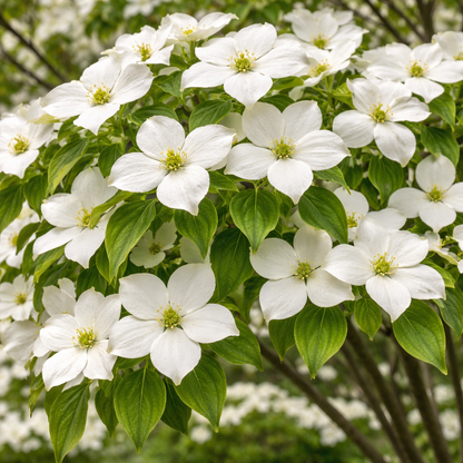 White flowers with green leaves on a tree
