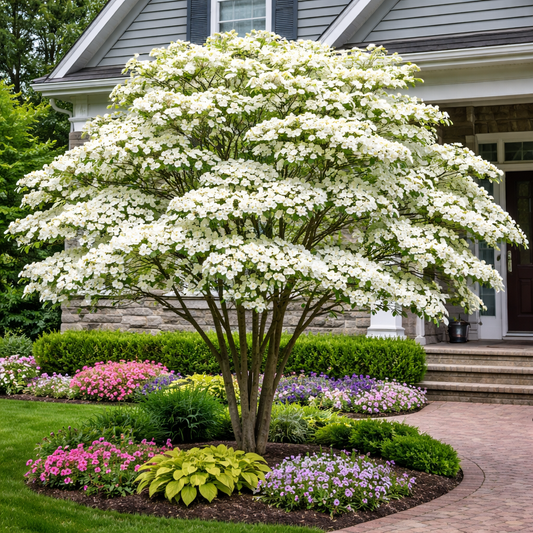 White flowering tree in a garden with a house in the background