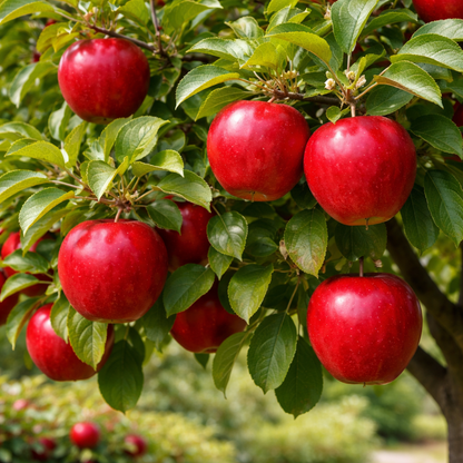 Red apples hanging from a tree with green leaves