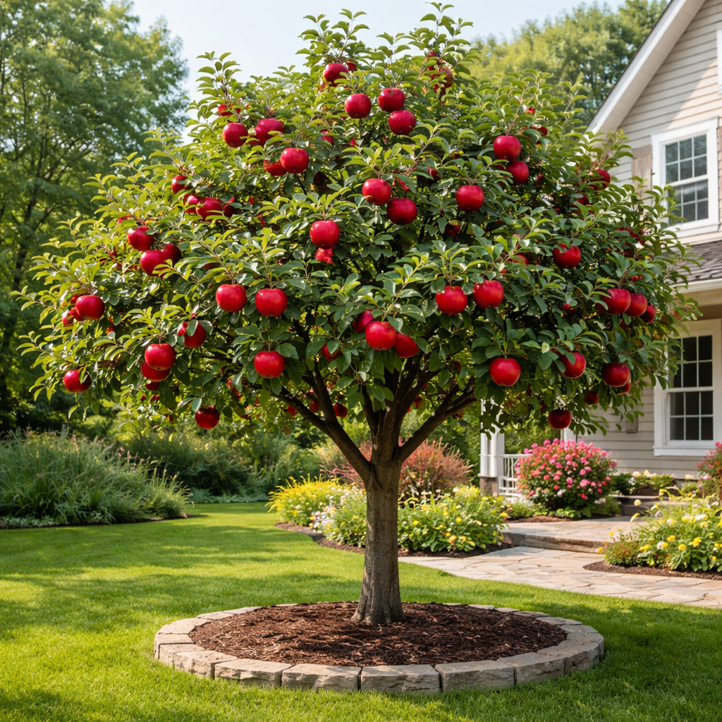 Apple tree with red apples in a garden setting with a house in the background