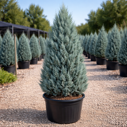 Row of potted blue spruce trees in a nursery setting