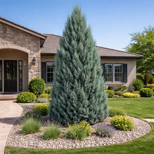 Large evergreen tree in a landscaped garden with a house in the background
