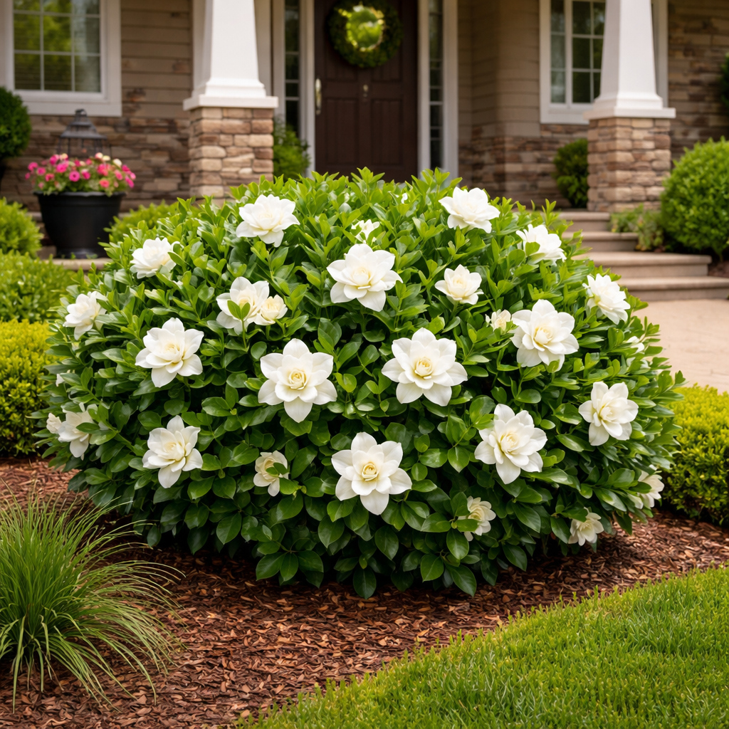 Bush with white flowers in front of a house