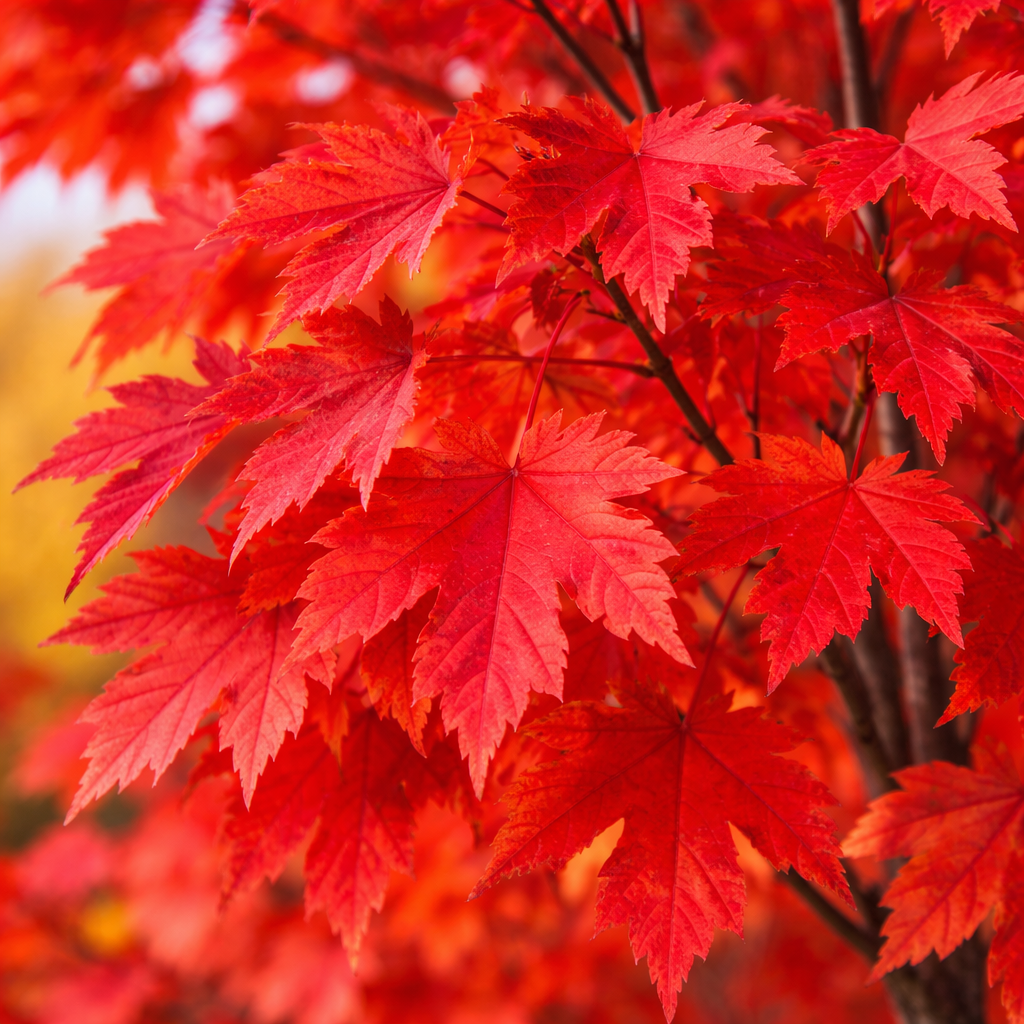 Close-up of bright red maple leaves against a blurred background