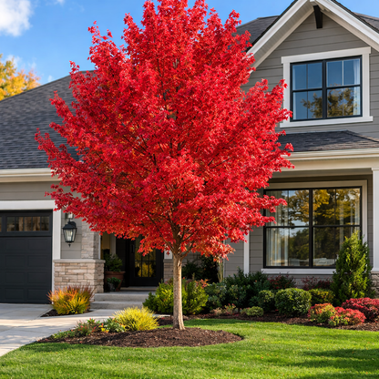 Red tree in front of a house with a clear blue sky