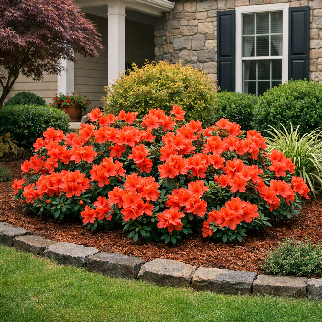 Bouquet of bright red flowers in a garden bed with a house in the background