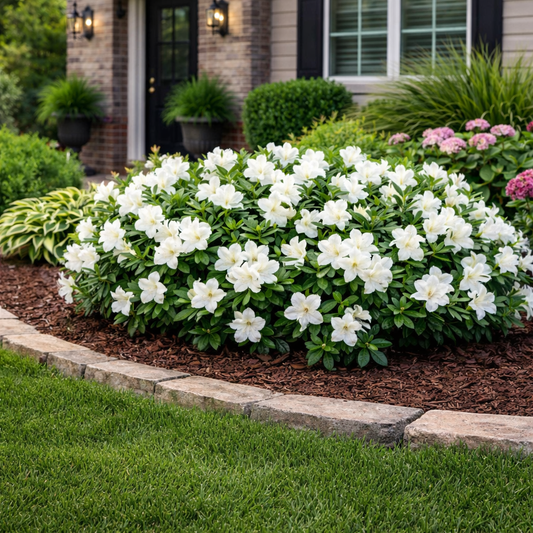 Azalea with white blooms in front of a house