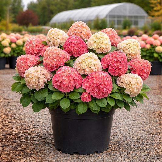 Potted plant with pink and white flowers in a garden setting