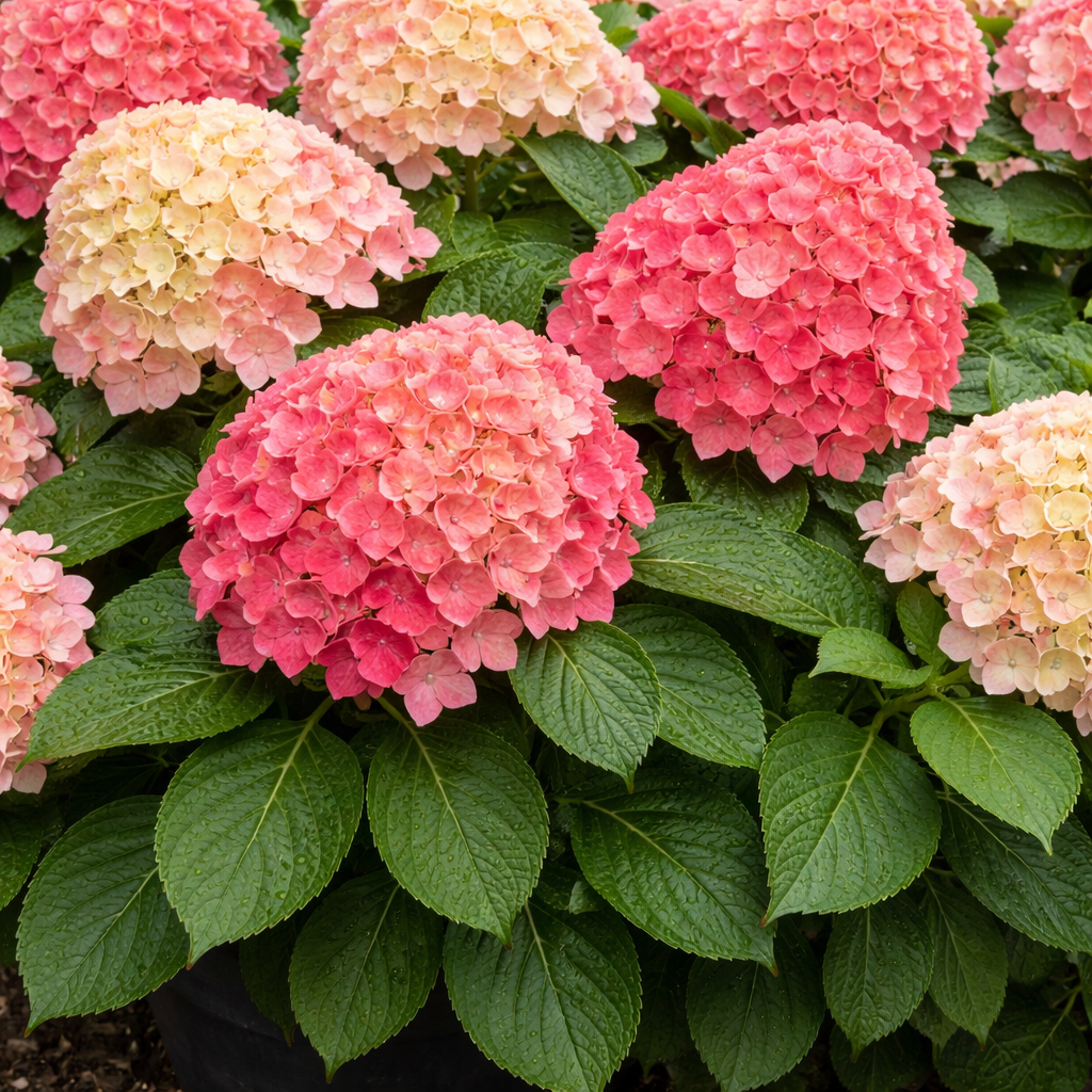 Close-up of pink and beige hydrangea flowers with green leaves.