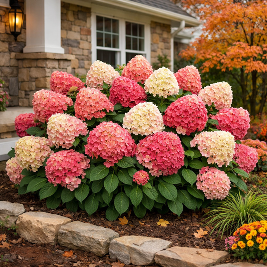 Bouquet of pink and white hydrangeas in a garden setting with a house in the background.