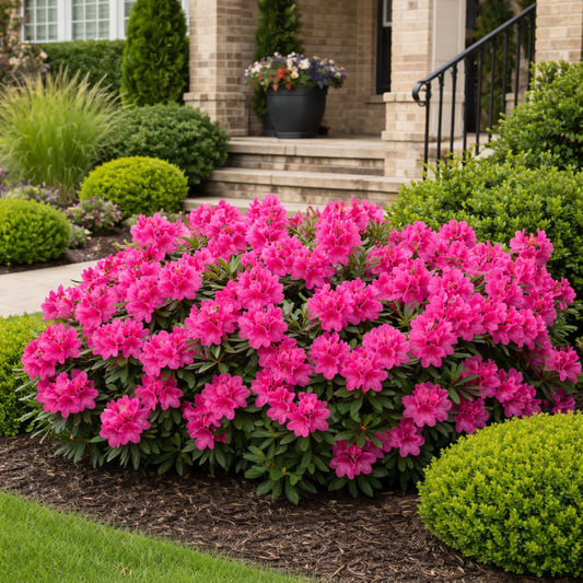 Green shrub pink flowers in front of home