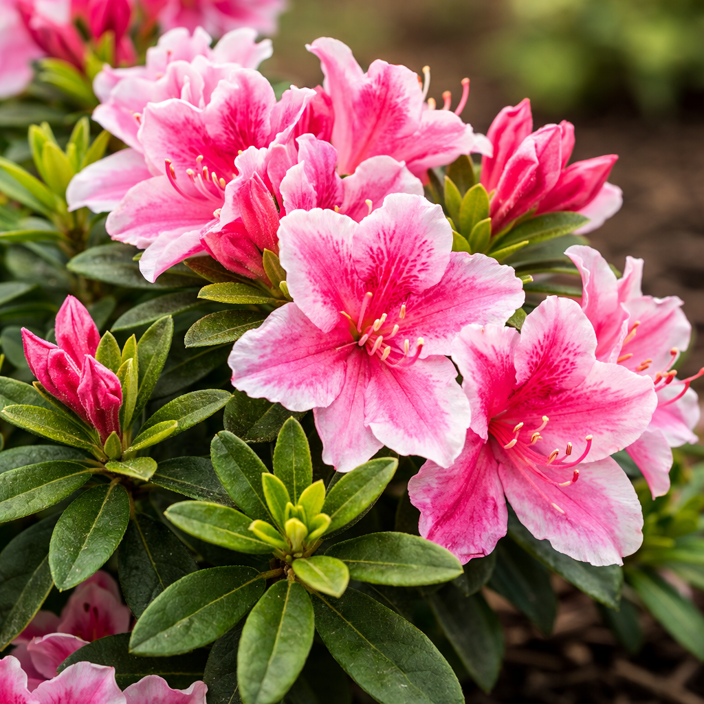 Green plant with pink and white blooms