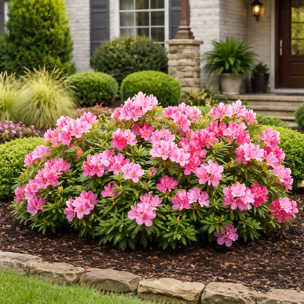 Green shrub pink blooms in front of house