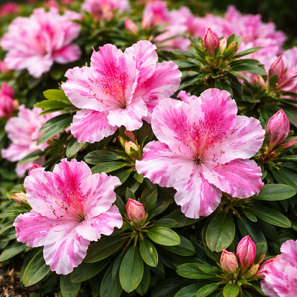 Green shrub plant with pink blooms